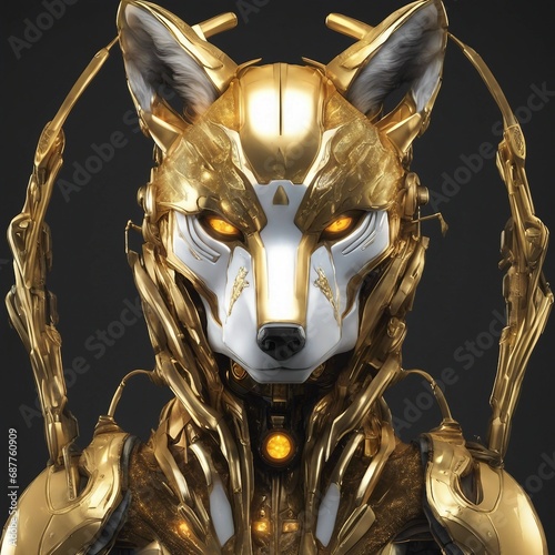 Fox cyborg,realistic,gold withe glow
