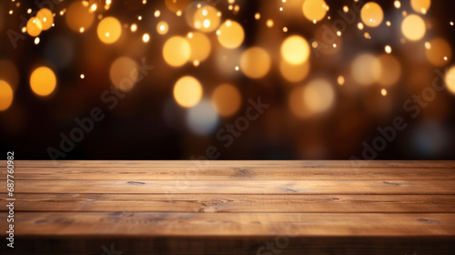 Wooden table in front of bokeh lights background. Ready for product display montage