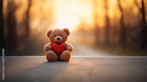 Teddy bear with red heart on sunset background. Valentine's day concept