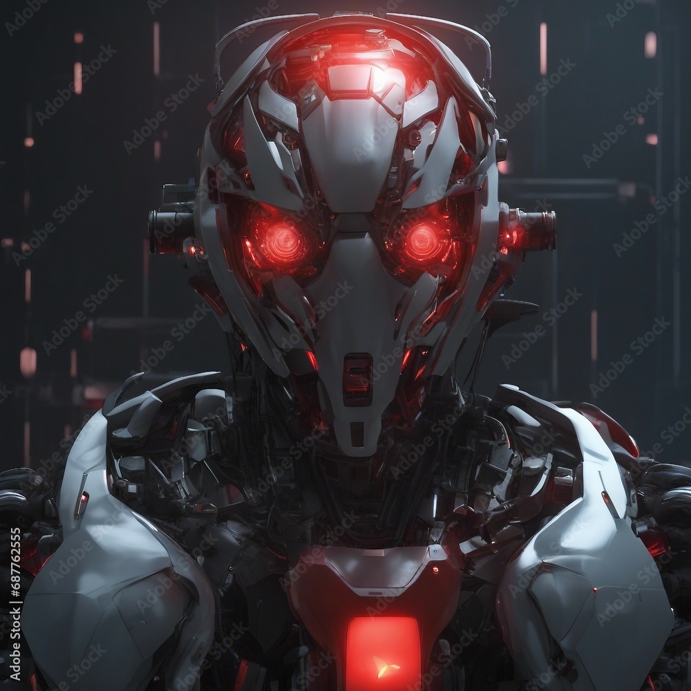 imagine the concept of a artifictial intelligence robot, a red glow in the head,realistic,hyperdetai