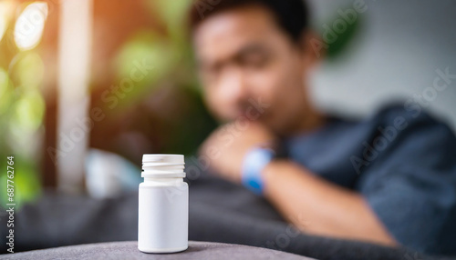 figure with pill bottle, blurred backdrop, empty label - concepts of health, medication, anonymity in healthcare