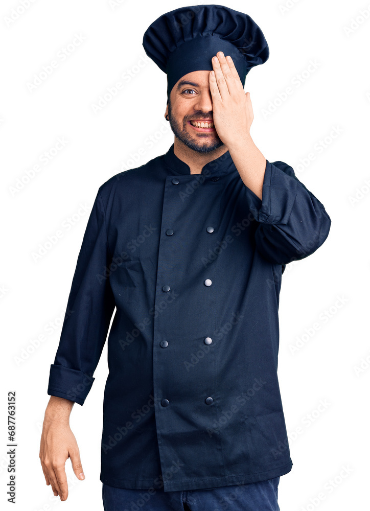Young hispanic man wearing cooker uniform covering one eye with hand, confident smile on face and surprise emotion. Young hispanic man wearing cooker uniform covering one eye with hand, confident smile on face and surprise emotion.
