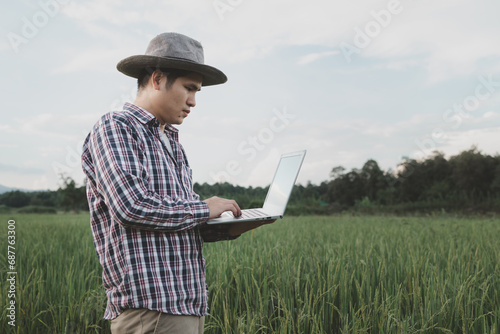 A man farmer examines the field of cereals and sends data to the cloud from the tablet, Smart farming and digital agriculture, young farmer works with a laptop in a wheat field.
