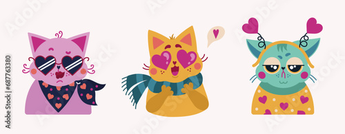 Cats for Valentines Day vector set. Bright collection of cute romantic kittens. Sweet pets are in love, smiling, grumpy. Animals wearing heart-shaped sunglasses, scarf, headband. Flat cartoon clipart
