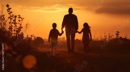 A Family silhouette with mother, father and child having fun outdoors enjoying time together - Happy family walking in the meadow at sunset. family background concept