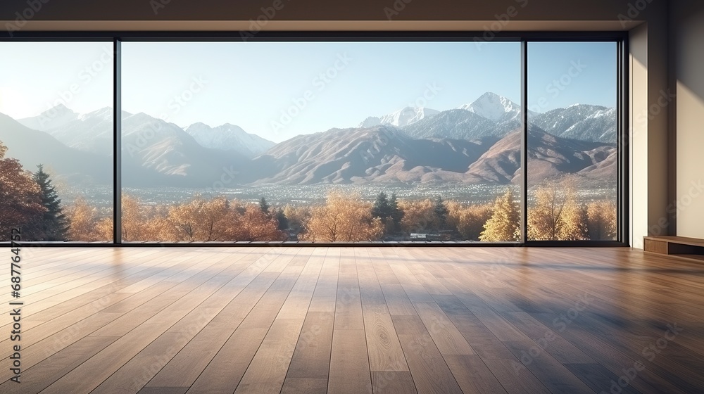 Empty room with panoramic view of mountains in the background