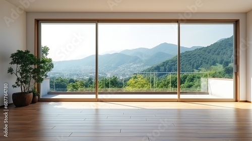 Empty room with panoramic view of mountains in the background © ttonaorh
