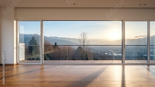 Empty room with panoramic view of mountains in the background