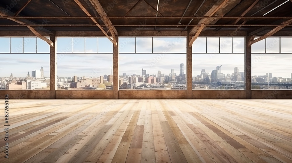 Fototapeta premium Interior of modern loft with wooden floor and panoramic windows