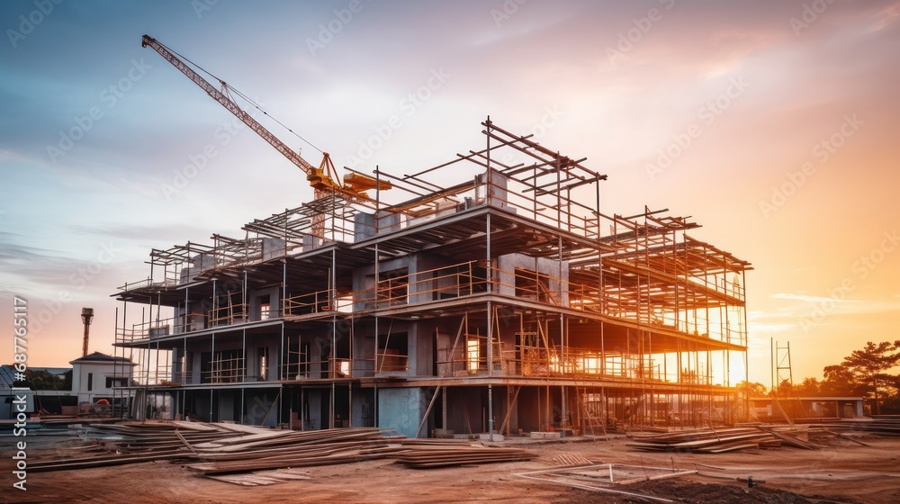 Construction background: A Construction site of large residential commercial building, some already built, large metal structure with bright sky background.