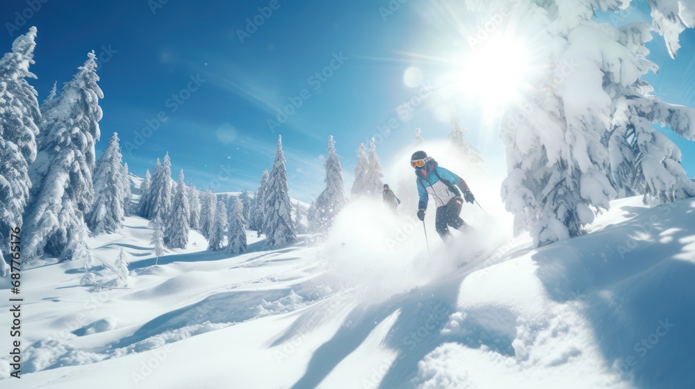 A Upward view, skiing, snowboarding, extreme winter sports on a sunny winter day. The background is a pine forest covered with snow, warm sunlight.