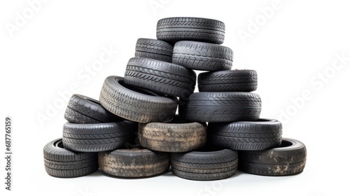 A Pile of old, damaged tires white blur background Isolated on white background.