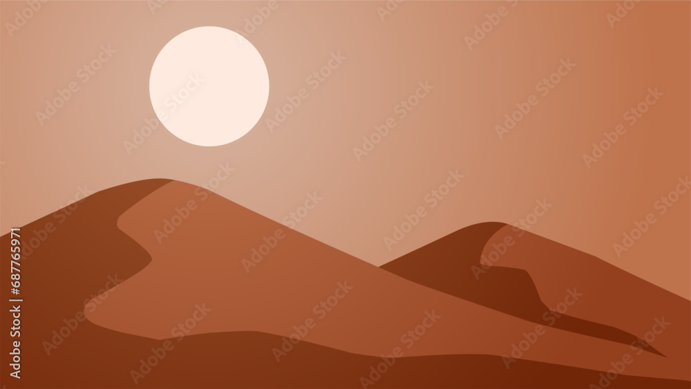 Desert landscape vector illustration. Scenery of sand desert with heat and dry dunes. Subtropical desert panorama for illustration, background or wallpaper