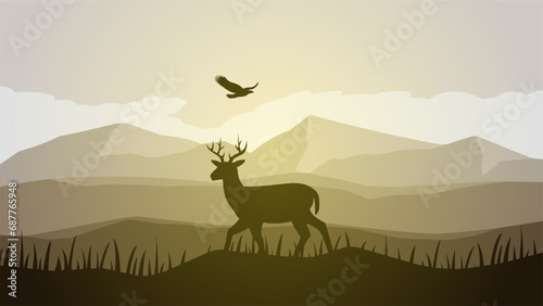 Savanna deer landscape vector illustration. Scenery of deer silhouette and eagle in the morning with cloudy sky. Deer wildlife panorama for illustration, background or wallpaper
