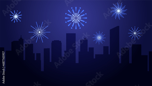 New year cityscape vector illustration. Scenery of city with sparkling fireworks in new year event. City panorama for illustration  background or wallpaper. City silhouette in the firework festival