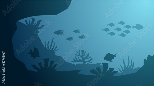 Seascape vector illustration. Scenery of marine life with coral reef and fish in the bottom sea. Underwater wildlife for illustration, background or landscape