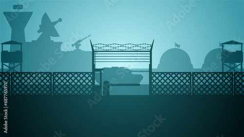 Military base landscape vector illustration. Silhouette of at military base with tank and watchtower. Military landscape for background, wallpaper or illustration photo