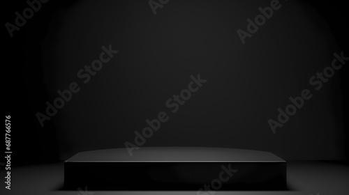 Black podium or pedestal display on dark background with long platform. Blank product shelf standing backdrop. 3D rendering. photo