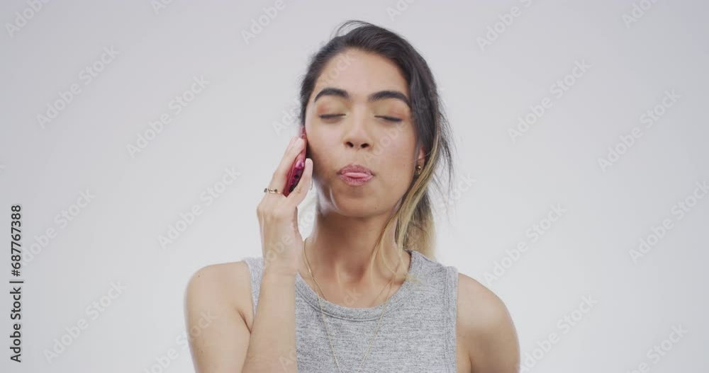 Woman, face and laugh in studio for phone call, contact and funny news on white background. Portrait of happy indian girl, smartphone and mobile chat for communication, social networking and gossip Woman, face and laugh in studio for phone call, contact and funny news on white background. Portrait of happy indian girl, smartphone and mobile chat for communication, social networking and gossip