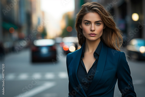 Radiating confidence, female businesswoman in navy suit strikes poised pose against backdrop of blurred street and buildings, epitomizing professionalism and urban sophistication. Generative AI.