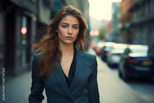 Radiating confidence, female businesswoman in navy suit strikes poised pose against backdrop of blurred street and buildings, epitomizing professionalism and urban sophistication. Generative AI. © Surachetsh