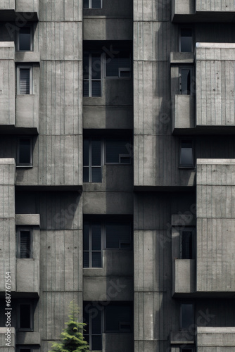 Front Facade of Brutalist Architecture Building Facade, Orthographic View using generative AI 