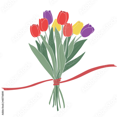 Spring flowers vector illustration. Bouquet of colorful tulips flowers with ribbon. Valentine's Day, Birthday, Mother's Day.