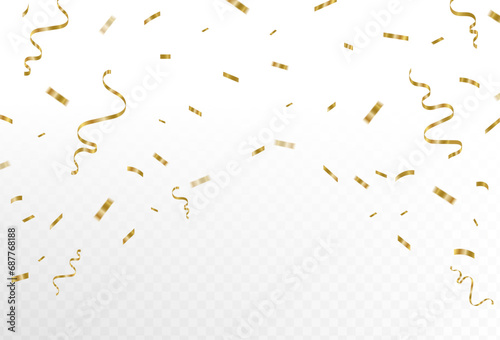 Confetti explosion on transparent background. Pieces of shiny gold paper flying and spreading. adjacent. vector illustration