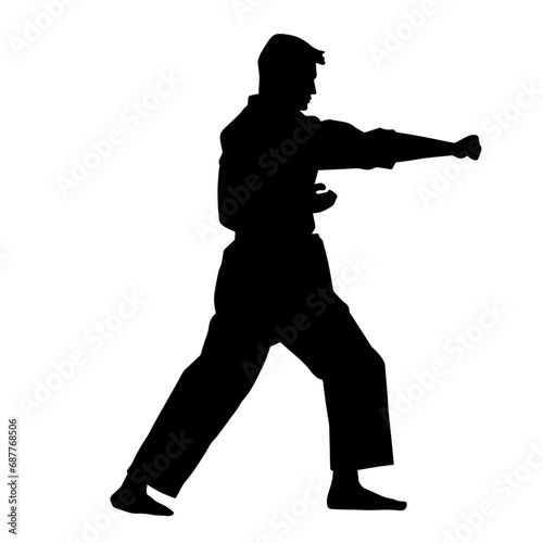 Silhouette of a man in oriental martial art pose. Silhouette of a male in martial art move.