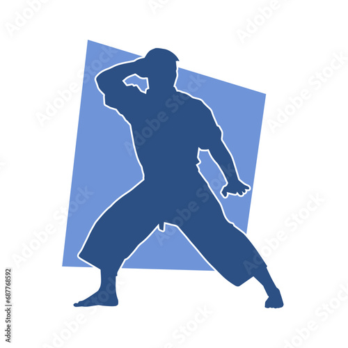 Silhouette of a man in oriental martial art pose. Silhouette of a male in martial art move.