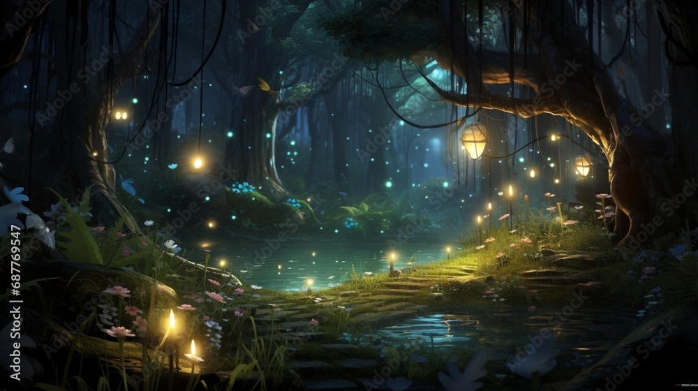 The ethereal glow of fireflies creating a magical ambiance in a moonlit garden.