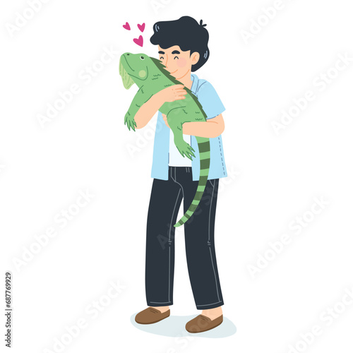 Man loving big exotic pet iguana, person happy and excite holding large green lizard, friendship and bone between man and reptile in Affectionate Interaction. Vector illustration on white background.