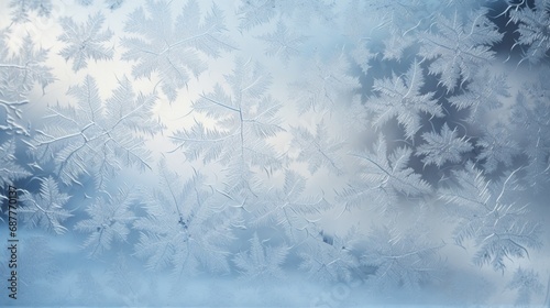 The intricate patterns of frost on a window pane during the calm of a winter evening. © Image Studio