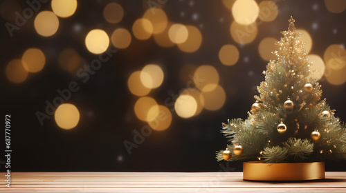 wooden table top for product display mockup with festive christmas tree background