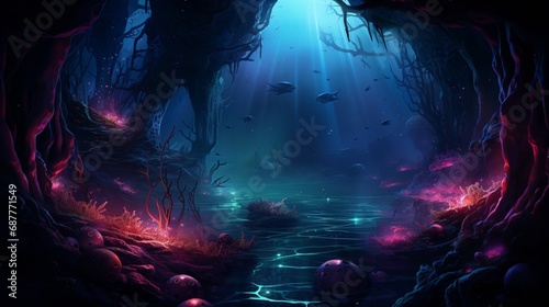 An alien ocean with bioluminescent creatures swimming beneath the surface.