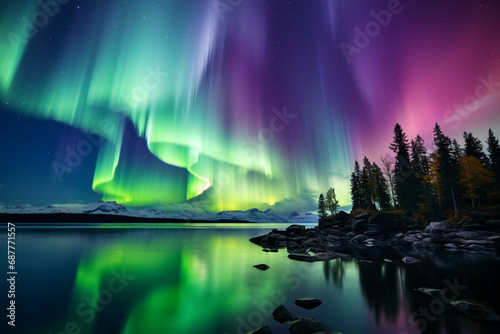 Celestial Symphony - Northern Lights Over Tranquil Waters © Sawanee