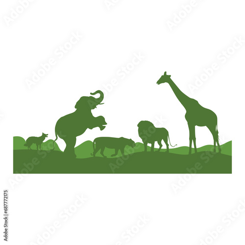 Animal silhouette landscape backgorund. Savanna Landscape Africa Vector Silhouette.