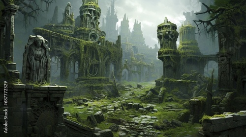 An ancient  overgrown cityscape with moss-covered buildings and crumbling statues.