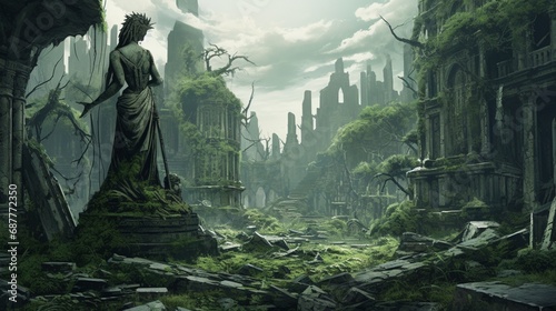 An ancient  overgrown cityscape with moss-covered buildings and crumbling statues.