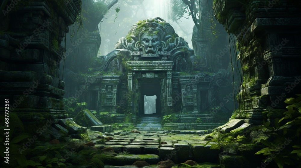 An ancient, overgrown temple with statues and pillars hidden in a dense jungle.