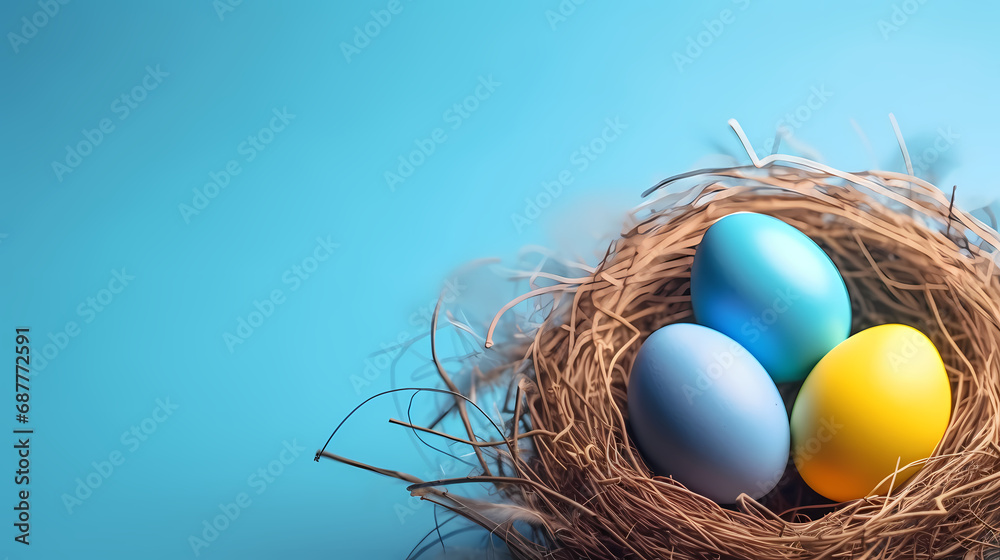 three colorful painted Easter eggs in nest on blue background three colorful painted Easter eggs in nest on blue background