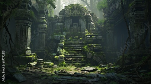 An ancient, overgrown temple with statues and pillars hidden in a dense jungle.