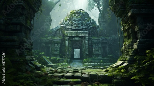 An ancient  overgrown temple with statues and pillars hidden in a dense jungle.