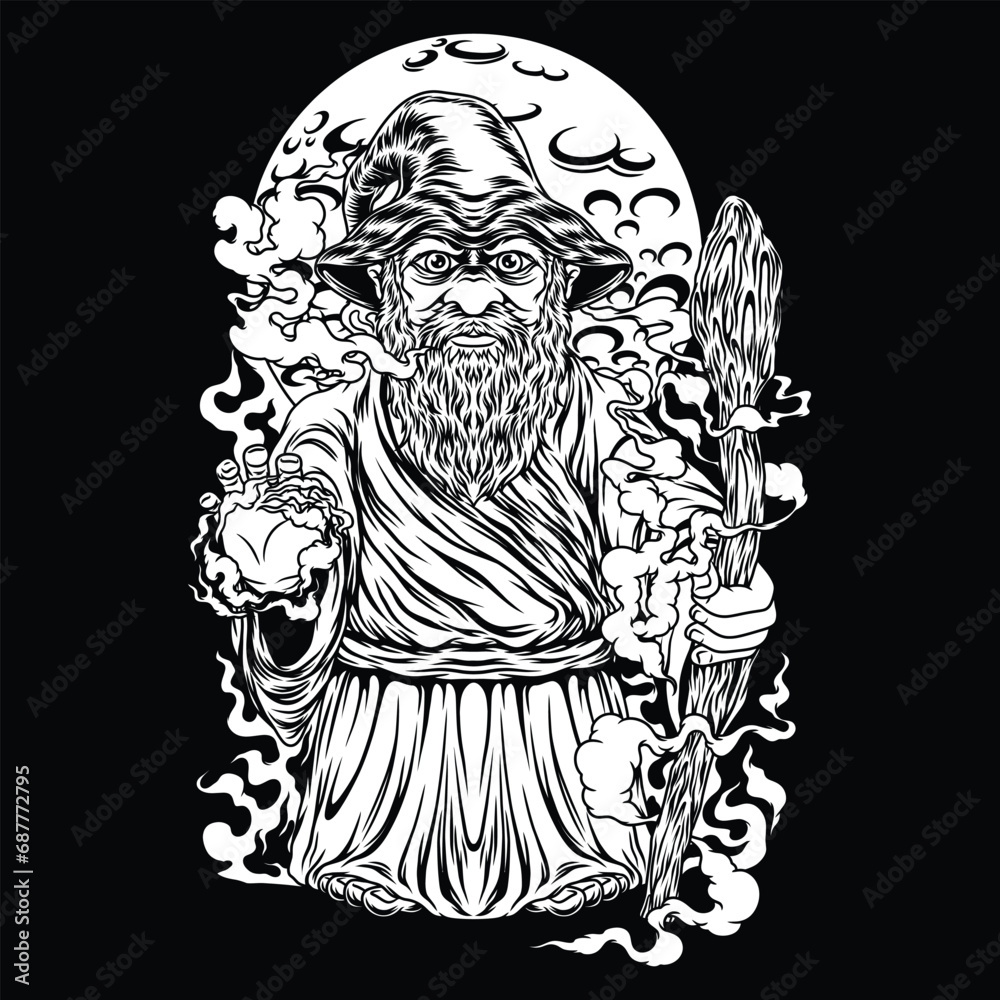 Dwarf Wizard Black and White Illustration