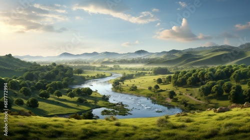 An expansive AI-generated landscape with rolling hills, lush greenery, and a serene river flowing through the scene.