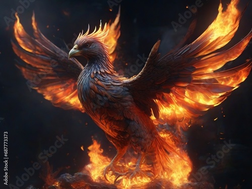 Majestic phoenix with fiery aura – a perfect mythical image. Captivate with the beauty of this legendary bird emitting flames. A perfect phoenix bird on fire. © isuru