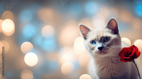 Cute cat on heart shape bokeh background