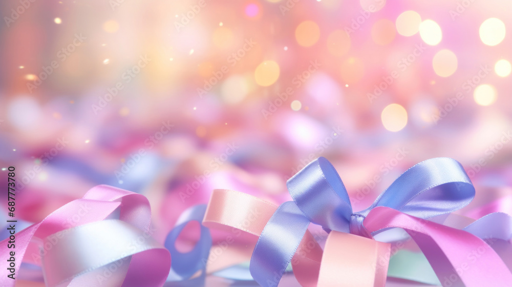 Confetti of pastel pink and blue ribbons on a bokeh background. Valentine's day backdrop Confetti of pastel pink and blue ribbons on a bokeh background. Valentine's day backdrop