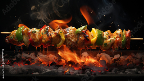 Experience a burst of heat and flavor as a fiery hot chili marinade gracefully drizzles over succulent skewered kebabs, creating a tantalizing visual feast. Generative AI. photo