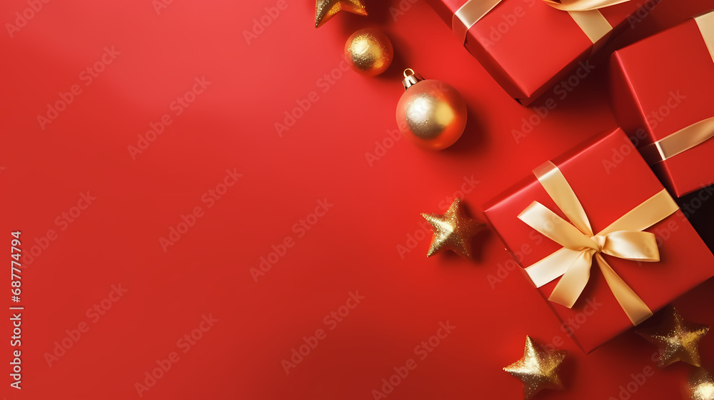 Christmas presents wrapped red paper. New Year flat lay top view background Christmas presents wrapped red paper. New Year flat lay top view background